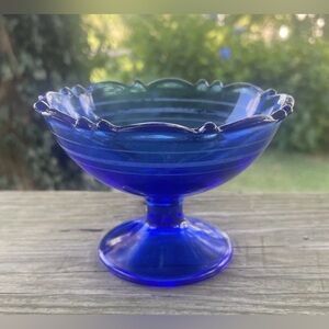 Vintage Art  Glass Colbalt Blue Pedestal Compote Dish